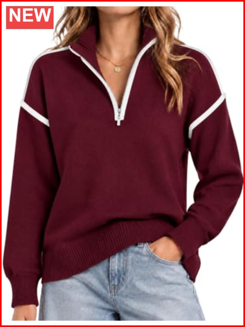 Quarter Zip Pullover Sweater Long Sleeve Collared Knit Top